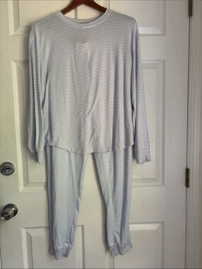 LOFT SLEEP Super Soft Long Sleeve Stripe Pajama Set Light Blue White Size Large